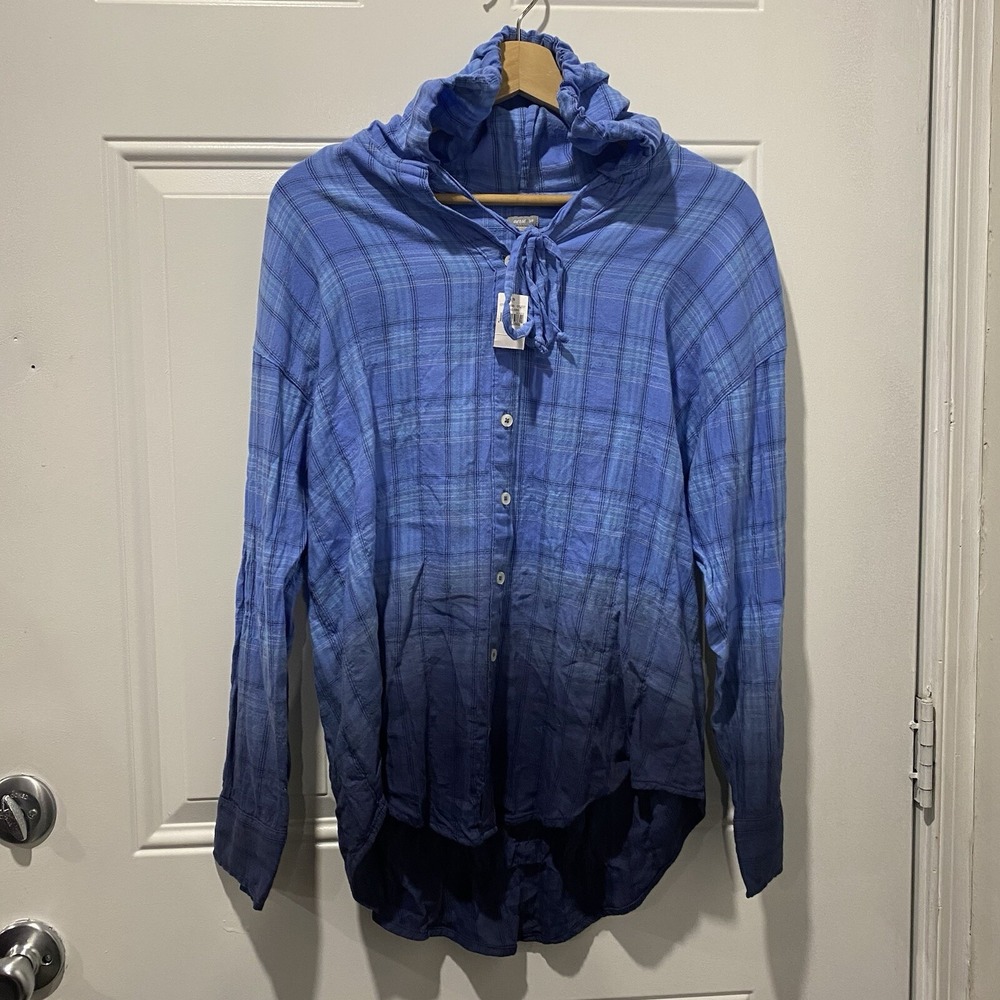 Aerie‎ Women Blue Black Plaid Hooded Button Up Long Sleeve Flannel S New